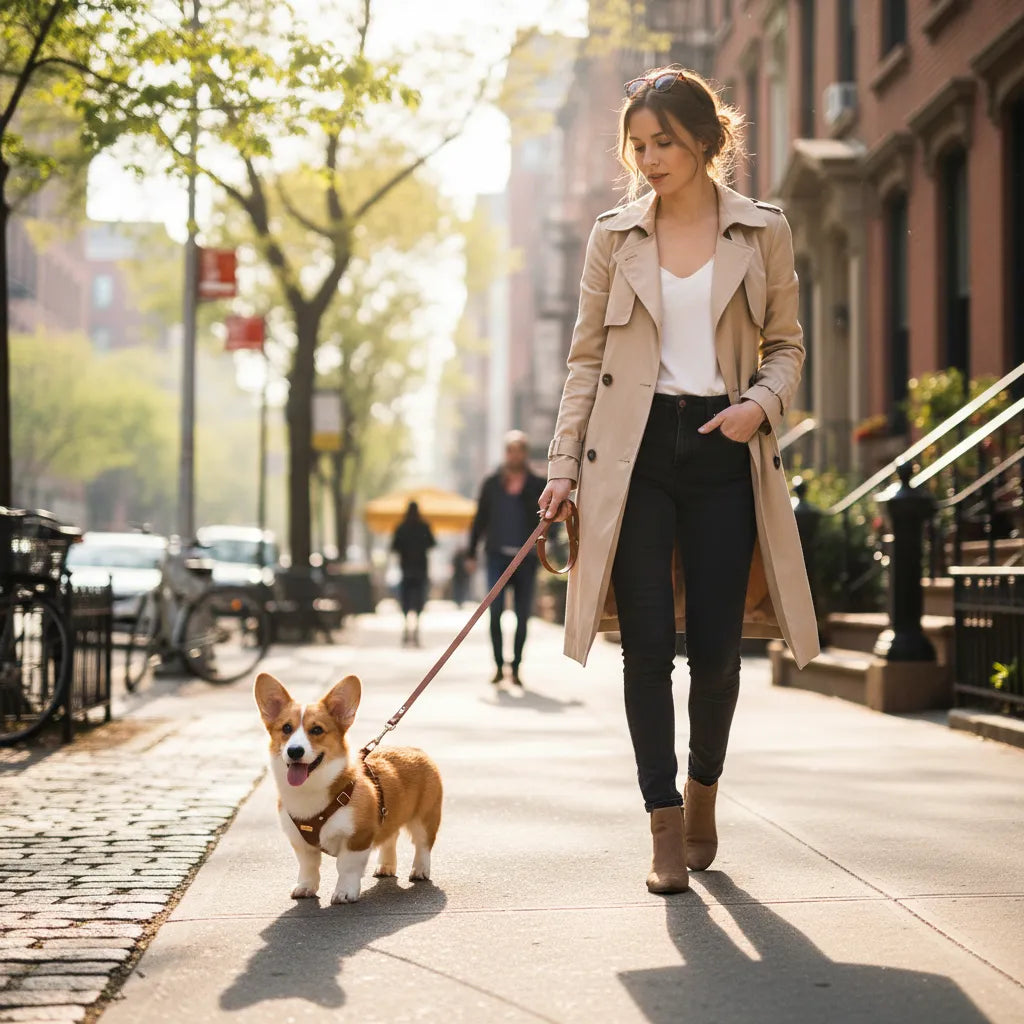 A woman wearing a beige trench coat walks a Corgi on a sunny city sidewalk using a tan eco-leather dog harness and leash set.