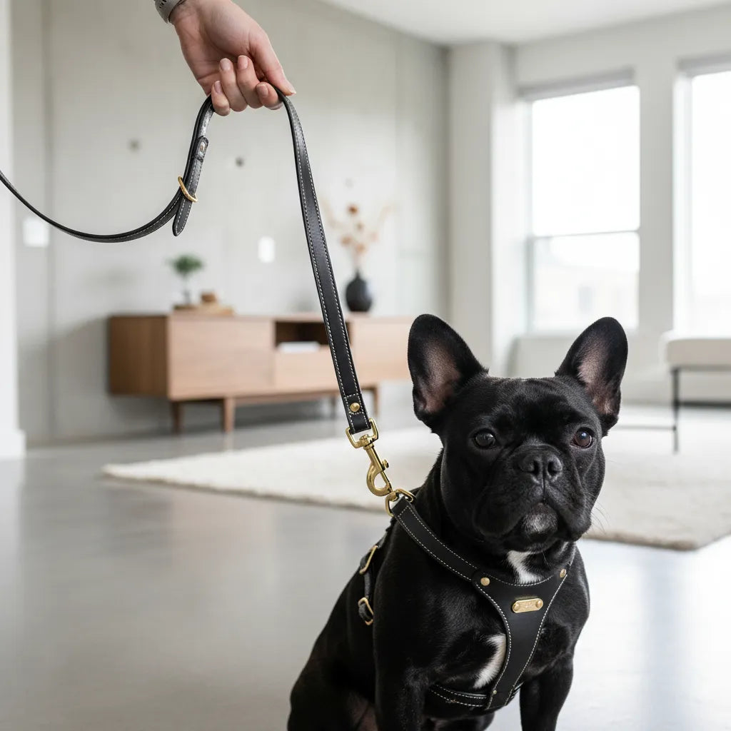 A tan luxury eco-leather dog harness and matching leash set neatly arranged on a white marble tabletop beside a pair of designer sunglasses and a cup of coffee.