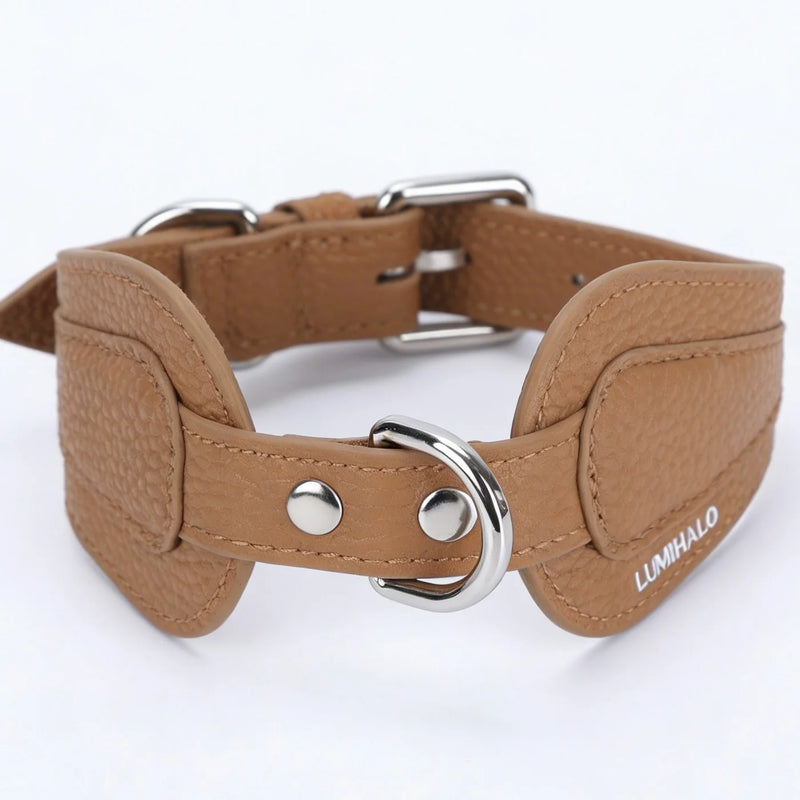 Tan lychee-grain leather collar back view showing double-layer construction