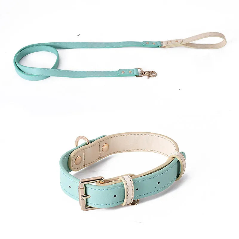 A premium mint green vegan leather dog collar and matching leash set featuring a cream-colored inner lining and elegant gold metal hardware on a clean white background.