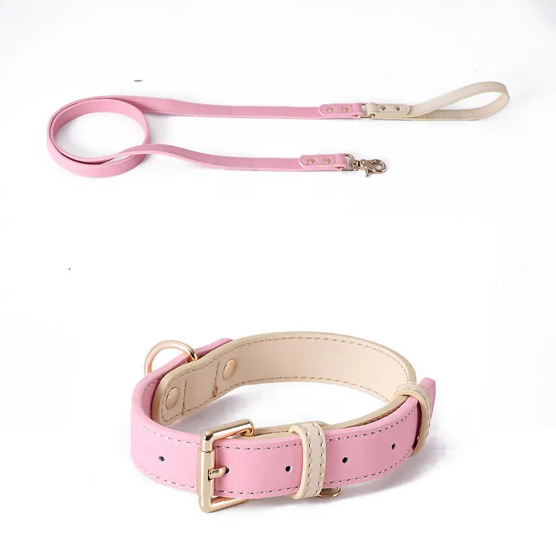 A matching mint pink and beige leather dog collar and leash set with gold-tone metal hardware on a plain white background.
