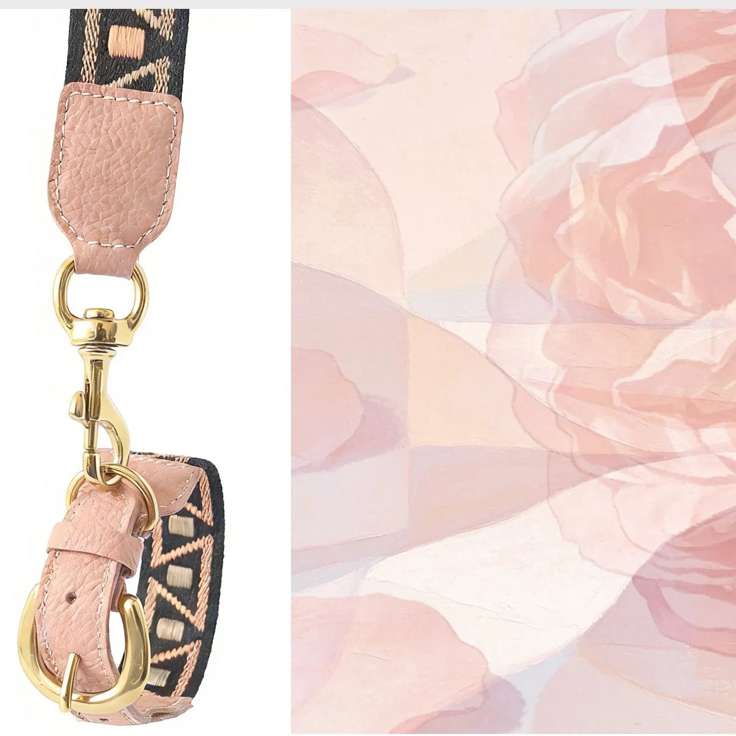 Close-up of a dusty pink pebble-grain leather bag strap featuring a polished gold swivel hook and a woven fabric band with a black and tan geometric pattern, set against a soft pink floral watercolor background.