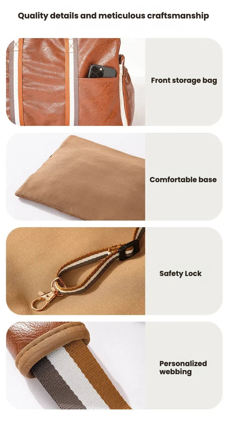 Multi-function pet carrier showing front storage bag, comfortable base, safety lock and personalized webbing details