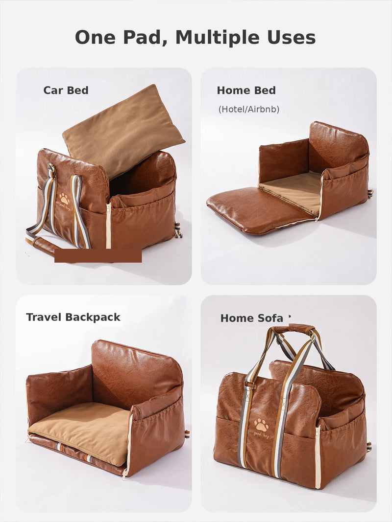 Multi-function pet travel bag showing car bed, home bed, backpack and sofa modes