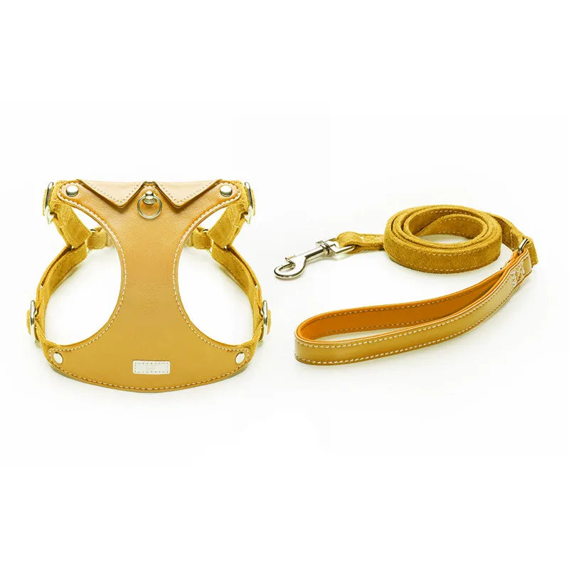 A stylish mustard yellow leather dog collar featuring a shirt collar design with white contrast stitching, silver buckle, and a matching circular leather pet tag.