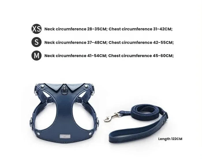 A navy blue leather dog harness with white stitching and a matching 122cm leash are shown against a white background, including a detailed size chart for extra small, small, and medium dogs.