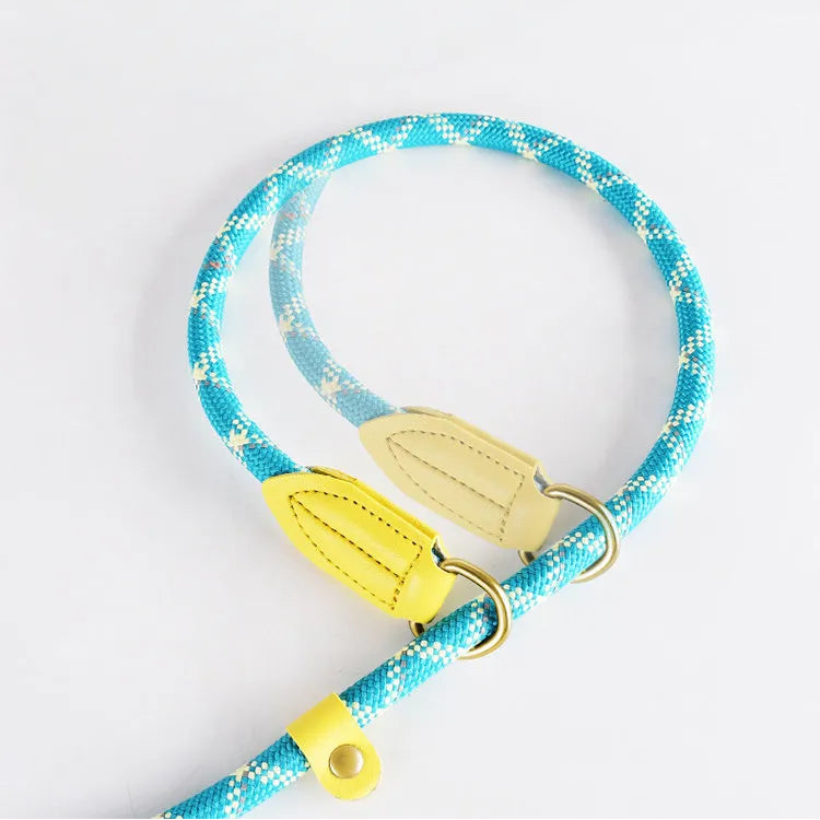 A high-quality blue and white patterned woven rope dog slip lead with bright yellow leather accents and gold-toned metal rings, displayed against a clean white background.