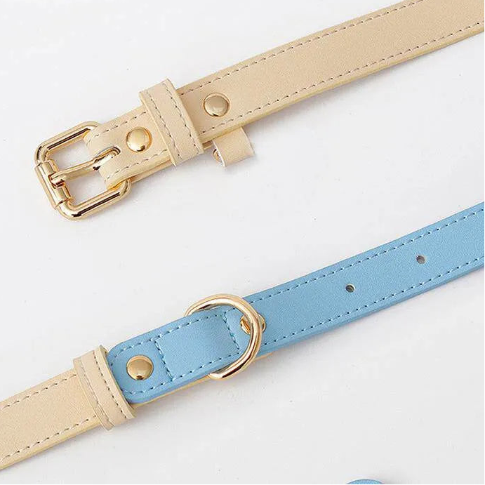 Close-up view of the Pastel Paradise premium vegan leather dog collar and leash set featuring cream and light blue straps with gold-tone metal hardware against a white background.