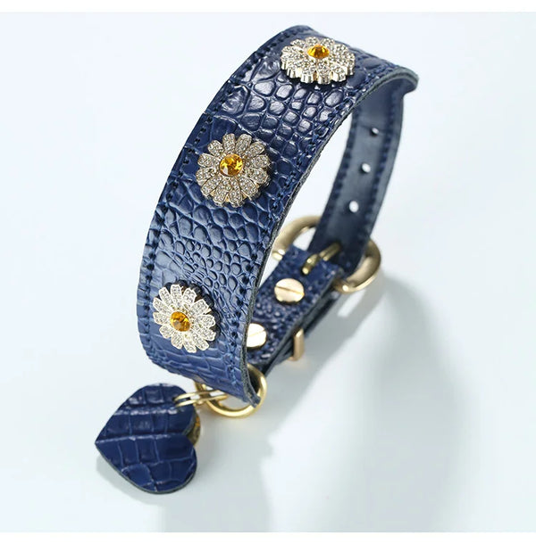 Blue Crocodile Embossed Leather Dog Collar with Crystal Daisy