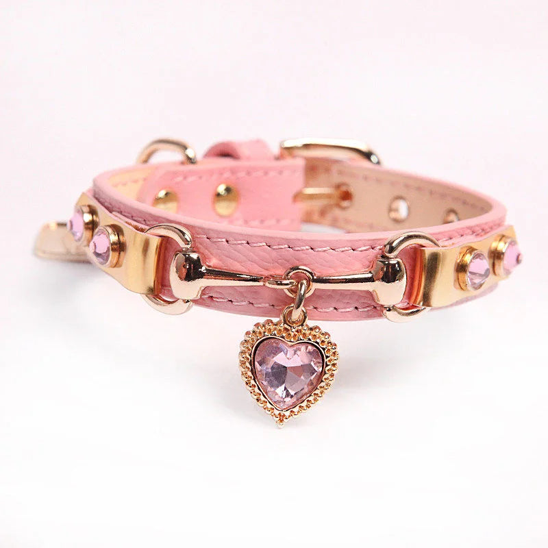 Heart Crystal Genuine Leather Pet Collar