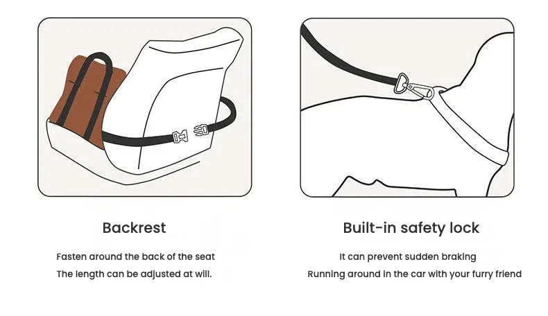 Pet car safety belt installation guide showing how to fasten strap and connect safety lock