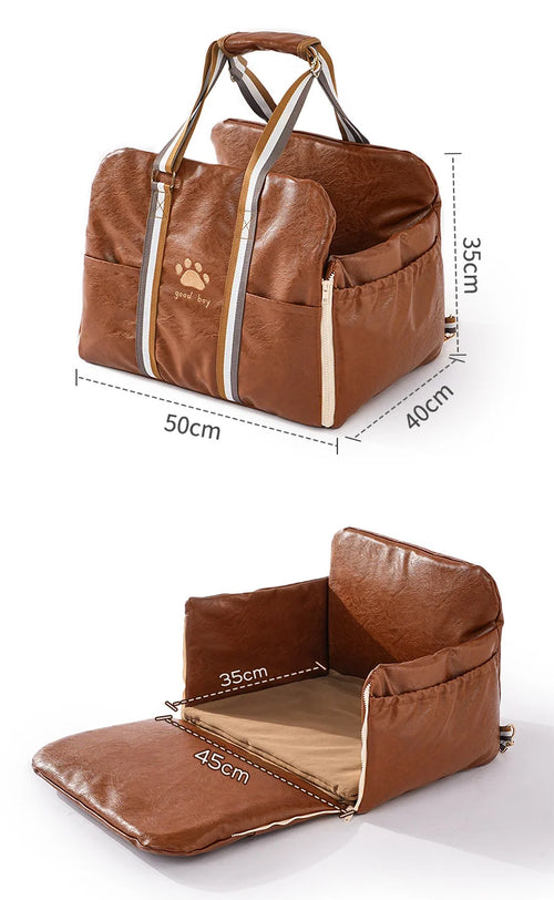 Pet carrier shown in closed handbag form and open bed form with dimensions