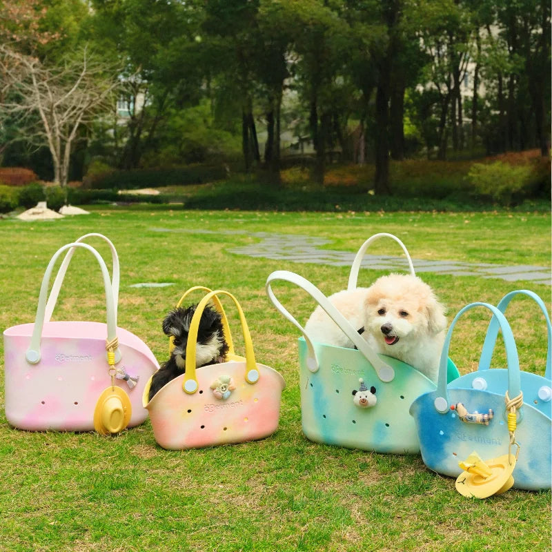 Pet tote bag showing ventilation holes, safety buckle and lightweight EVA material features
