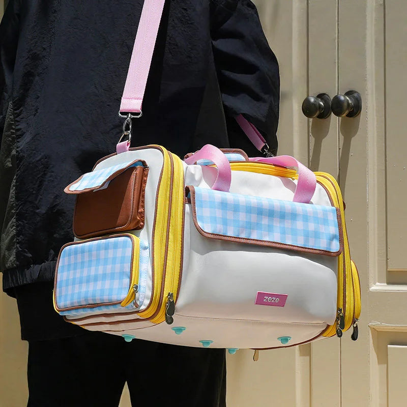 Pet travel bag expanded open view showing spacious interior and convertible design