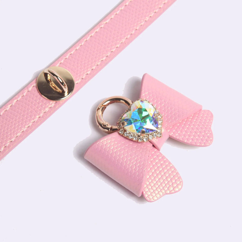 Pink butterfly bow leather pet collar with heart rhinestone pendant