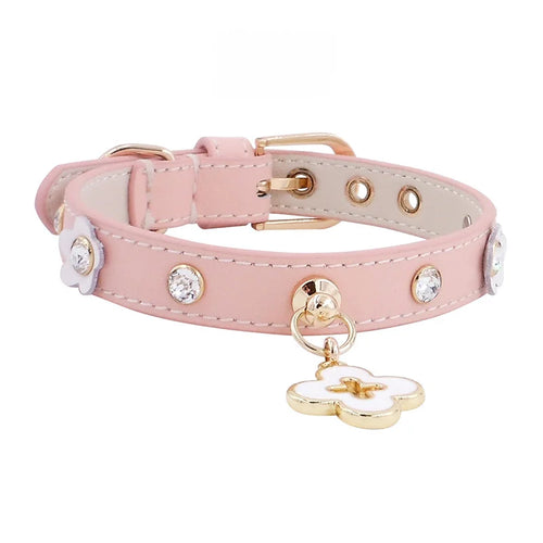 Pink flower rhinestone genuine leather pet collar close-up with gold hardware