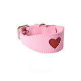 Pink heart cutout wide leather pet collar with red heart accent - white background