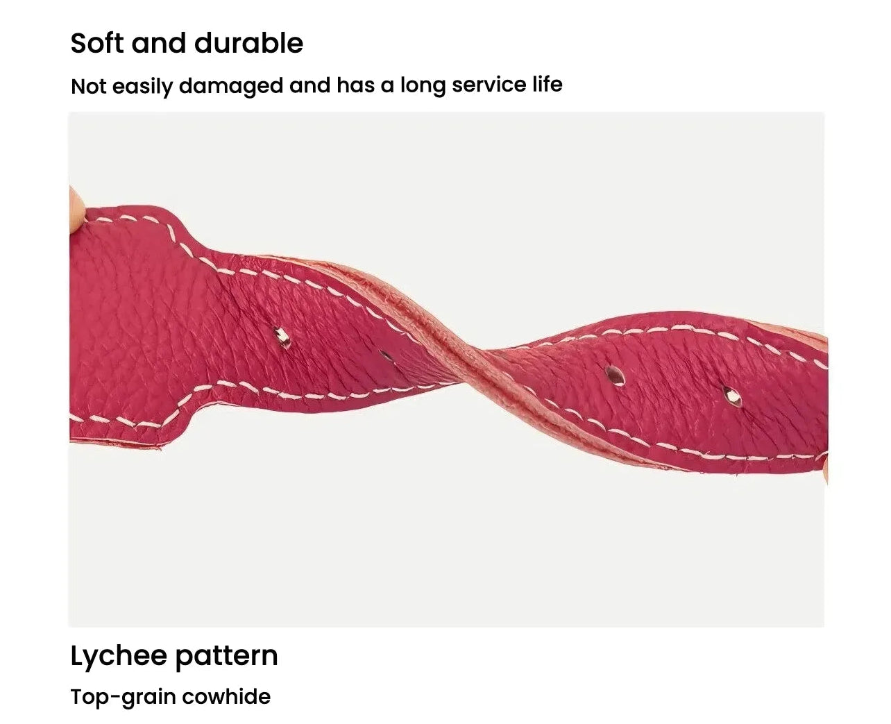 A close-up view of a flexible bright pink leather strap made from top-grain cowhide with a pebbled lychee pattern and white decorative stitching, shown being twisted to demonstrate its soft and durable quality.
