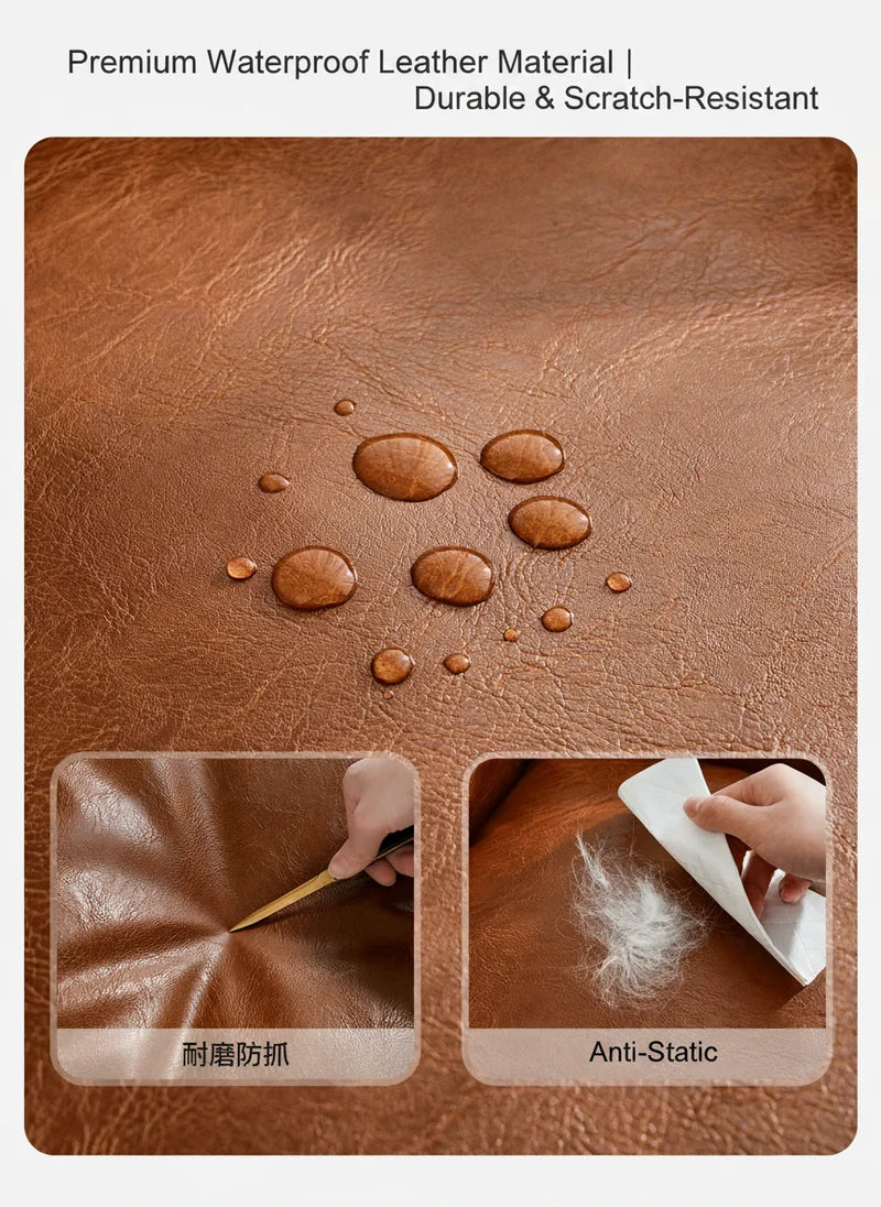 Premium brown leather material showing waterproof, scratch-resistant and anti-static features