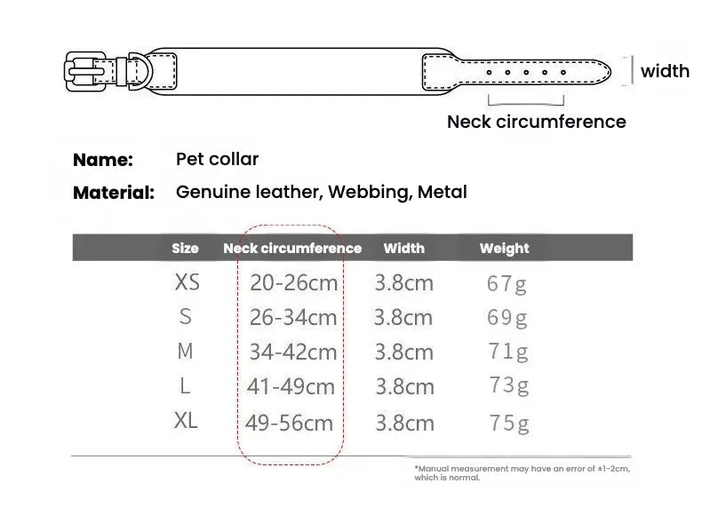 A detailed size guide table and diagram for a premium dog collar and leash set made of genuine leather and woven webbing, including measurements for neck circumference, width, and weight for sizes XS to XL.