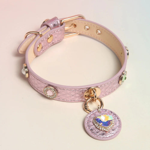 Purple metallic candy rivet leather dog collar with gold hardware