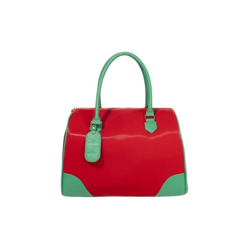 Red and green polished leather Boston bag with gold zipper