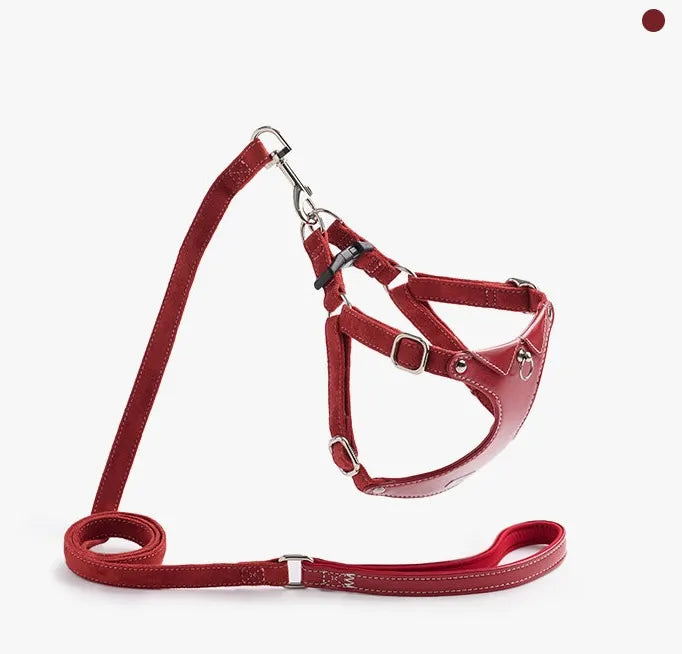 A deep red suede dog harness with a matching leash, featuring silver metal hardware and white contrast stitching, displayed against a clean white background.
