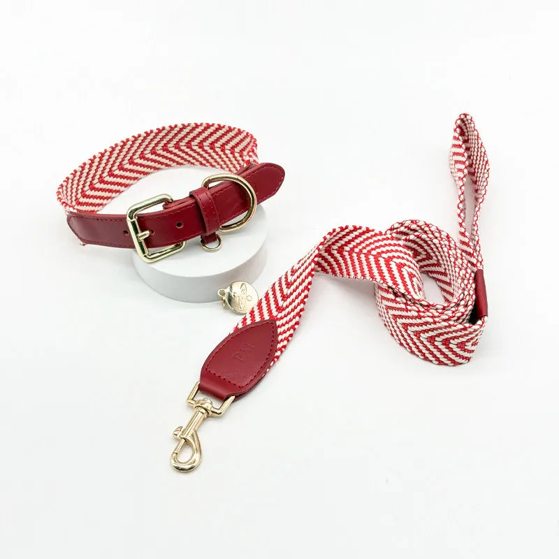 Luxury Herringbone Pattern Dog Collar & Leash Set with Premium Leather Accents