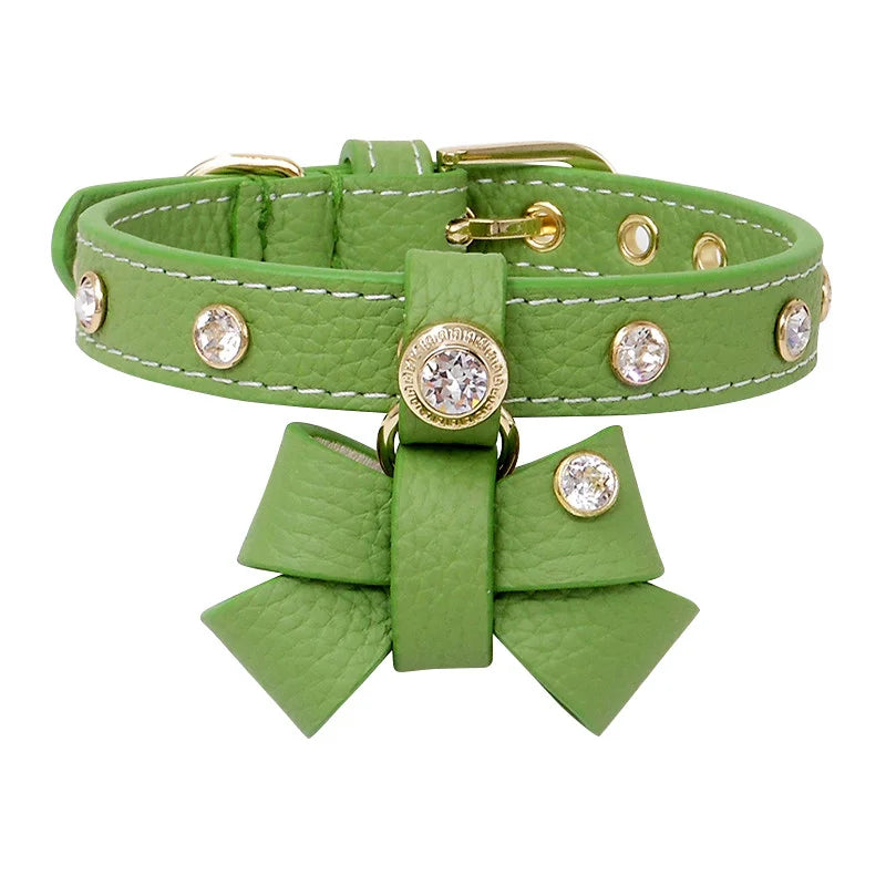 Rhinestone Bow Charm Leather Pet Collar - Cat Neck Scarf with Diamond Pendant
