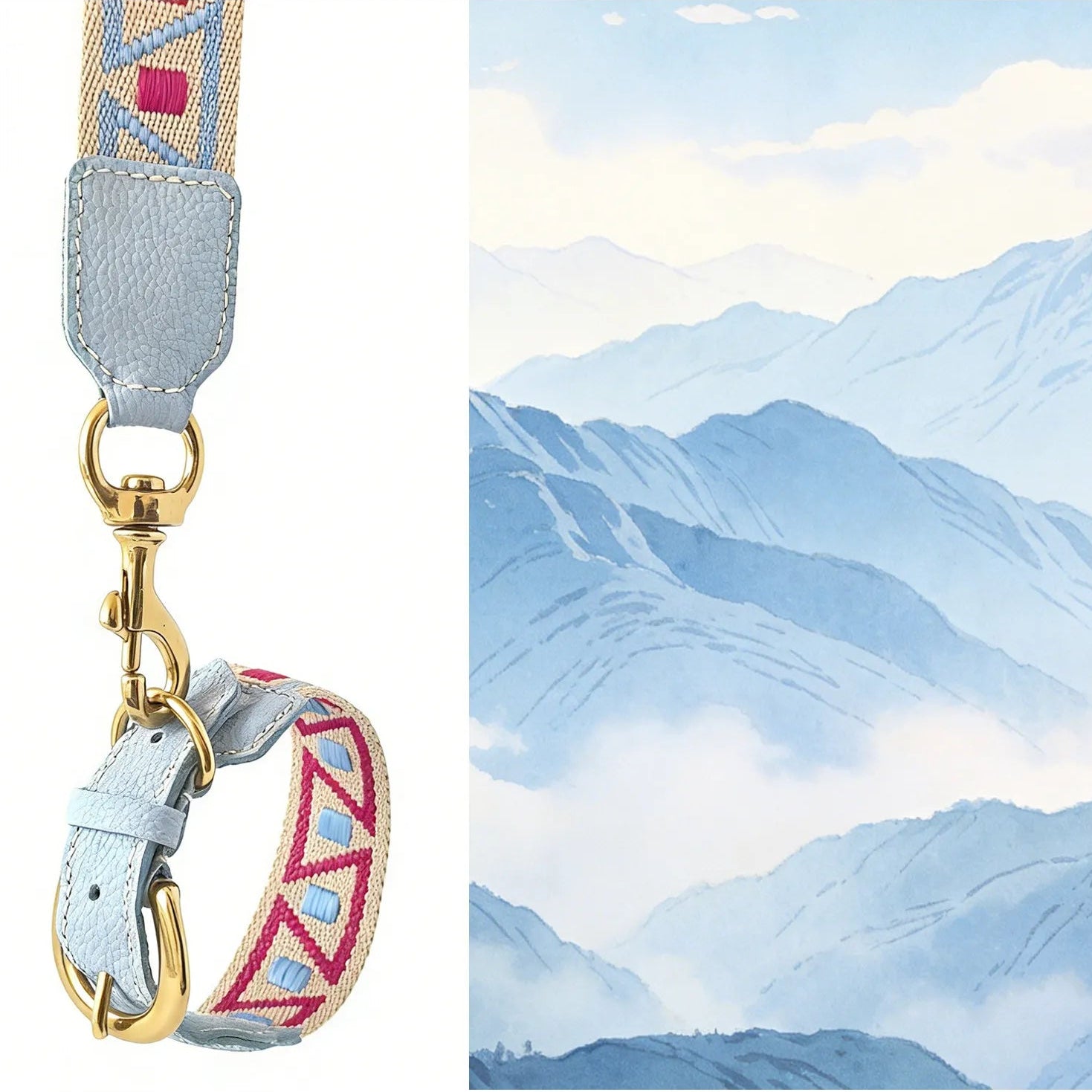 A close-up of a woven camera or bag strap in shallow island blue with pink geometric patterns, featuring high-quality light blue leather ends and a shiny gold-tone metal clasp, displayed beside a calming blue watercolor mountain landscape.