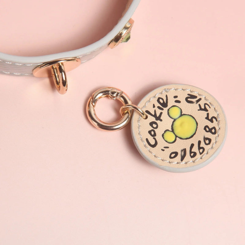 Small dog wearing iridescent leather collar with rhinestone charm