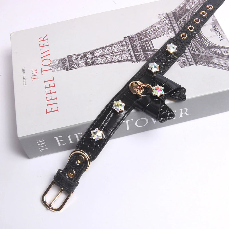 Snowflake bow crystal leather collar collection showing multiple styles and colors