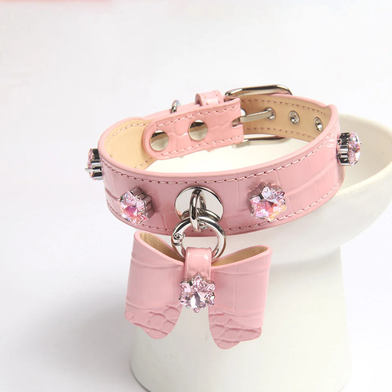Bow Snowflake Crystal Genuine Leather Dog Collar