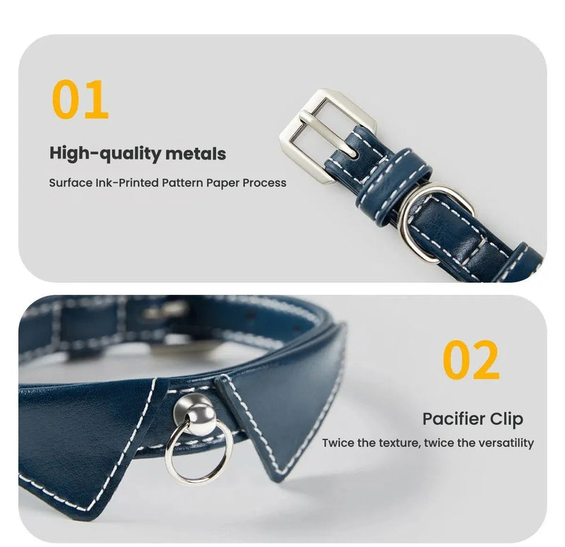 A close-up view of a sophisticated navy blue leather dog collar featuring a formal shirt lapel design, white stitching, and high-quality silver metal hardware.