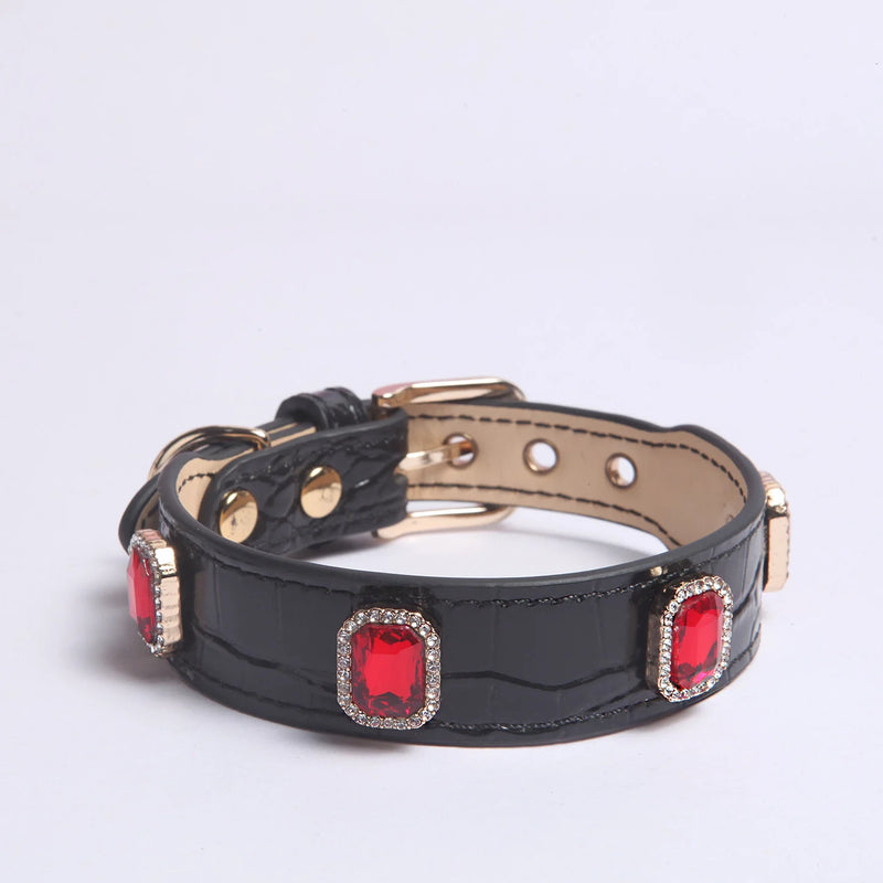 Square crystal leather dog collar collection showing multiple color variants