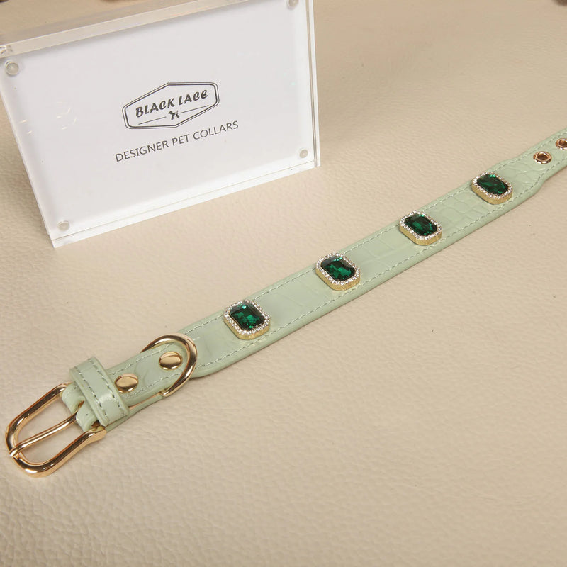 Mint green genuine leather dog collar with green square crystals and gold hardware on dog