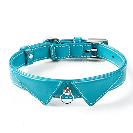 A bright teal leather pet collar featuring a unique formal shirt collar design with white stitching and a silver buckle, accompanied by a matching circular identification tag against a solid white background.