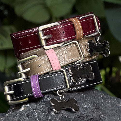 Three-color genuine leather dog collars collection overview - burgundy khaki and black