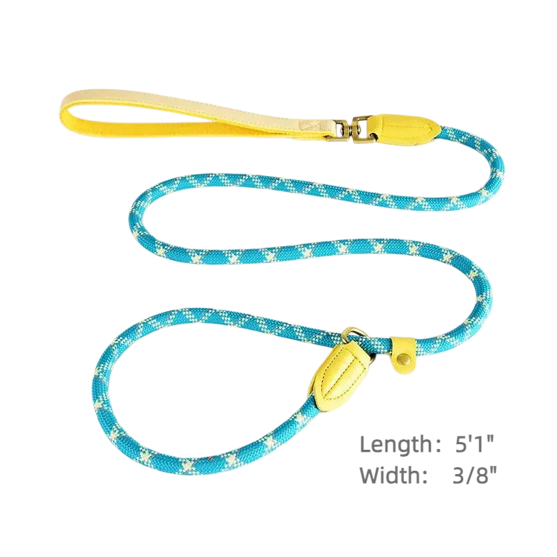 A vibrant turquoise blue rope dog leash with a white and yellow woven pattern, featuring a bright yellow padded leather handle and brass-toned metal hardware against a solid black background.