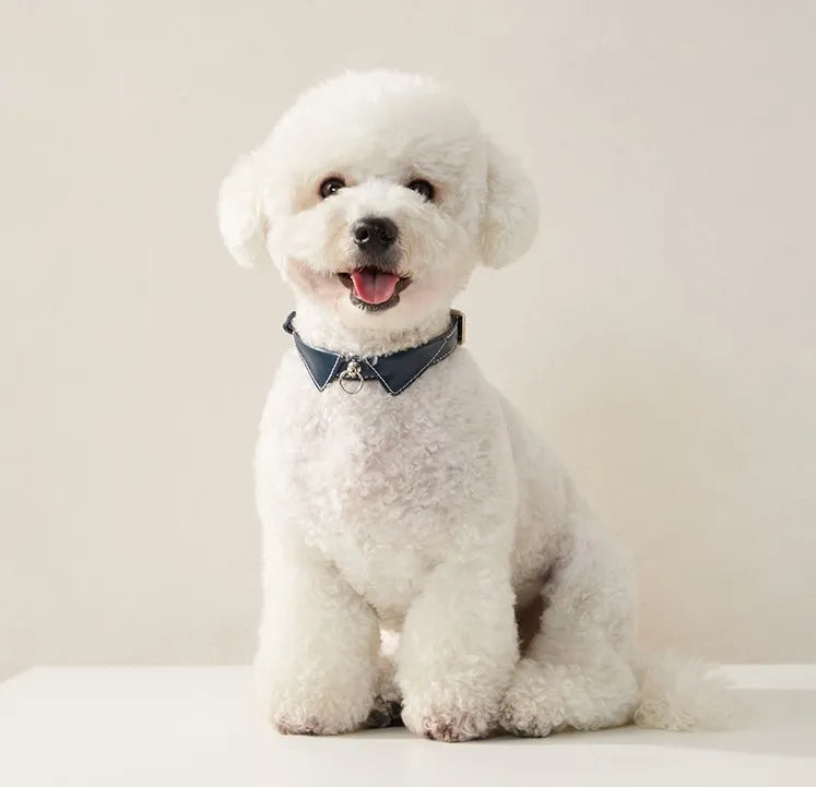 A navy blue leather pet collar featuring a unique dress shirt collar design with decorative white contrast stitching and a central silver metal ring on a plain white background.