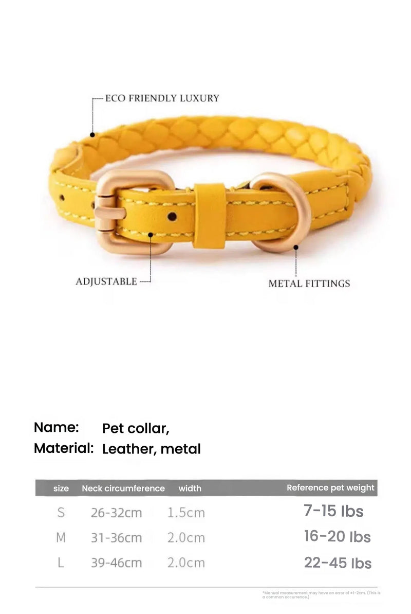 A bright yellow braided leather pet collar with elegant gold-toned metal buckle and D-ring, featuring an informative size chart for dogs weighing seven to forty-five pounds.