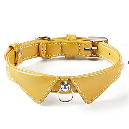A stylish mustard yellow leather dog collar featuring a shirt collar design with white contrast stitching, silver buckle,